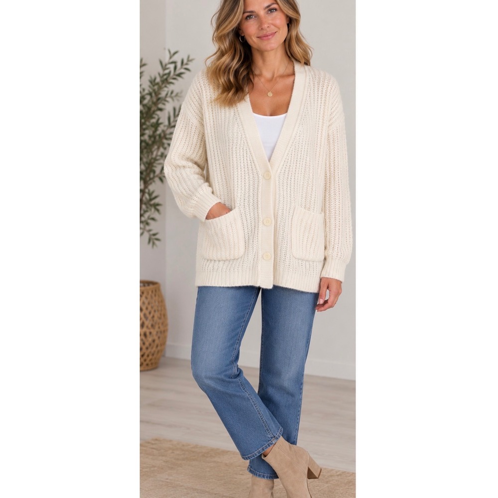 Anthropologie Cream Waffle Knit Merino Wool Blend Oversized Cardigan Sweater XS